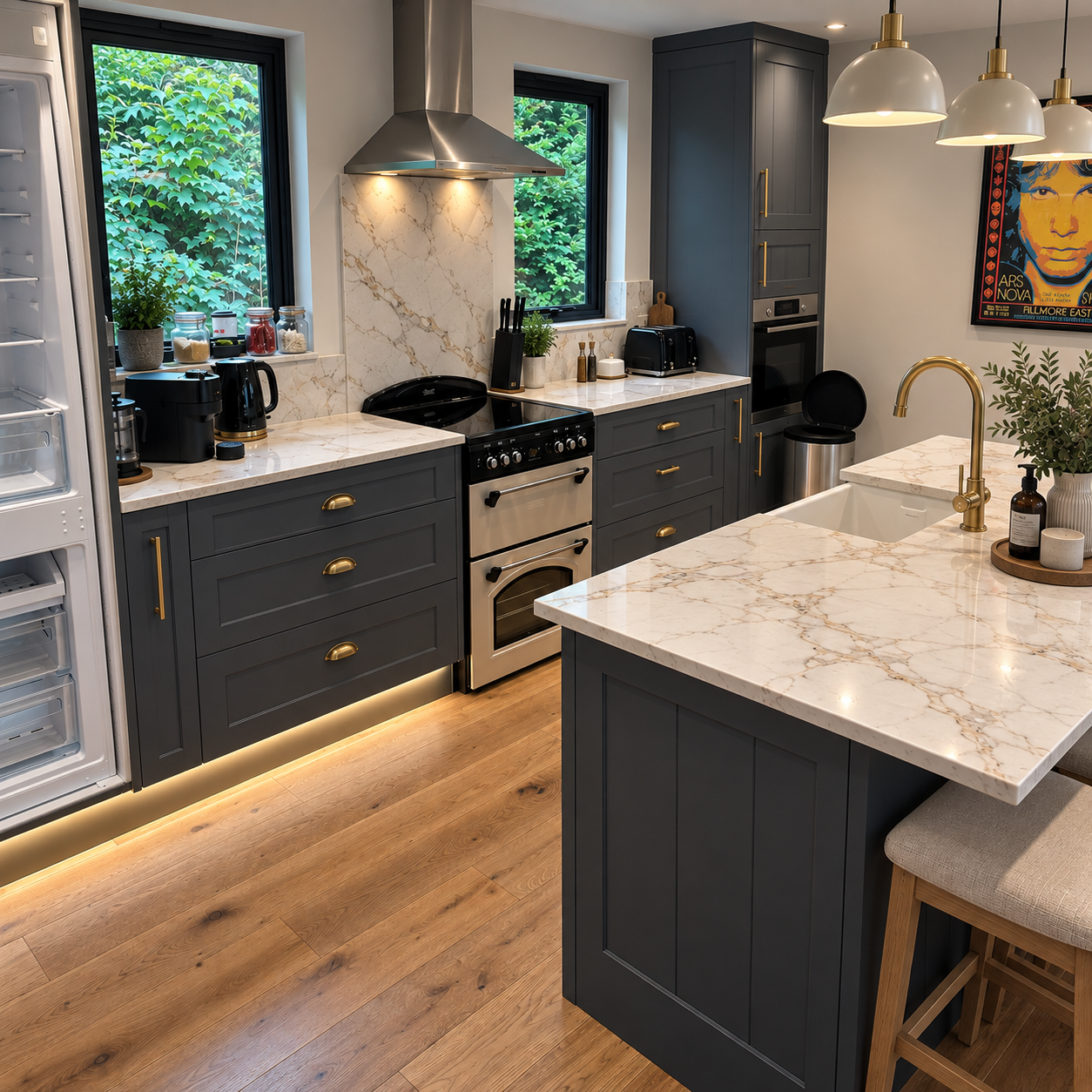 Bespoke navy kitchen with marble worktops and brass fittings installed by Mitchell Kitchen Interiors
