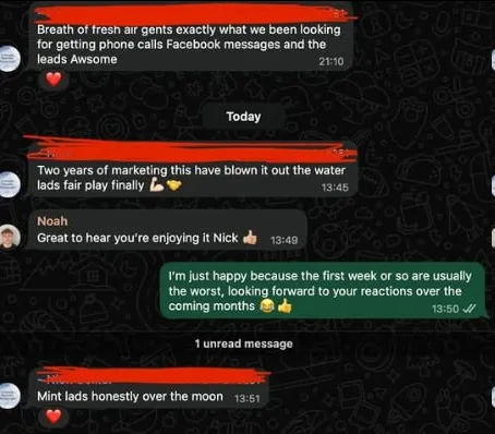 WhatsApp messages praising the leads: a breath of fresh air that blew two years of marketing out of the water