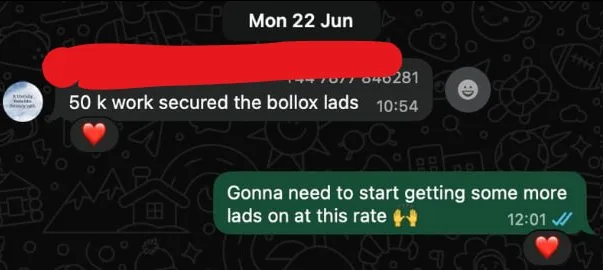 WhatsApp message celebrating £50,000 of work secured