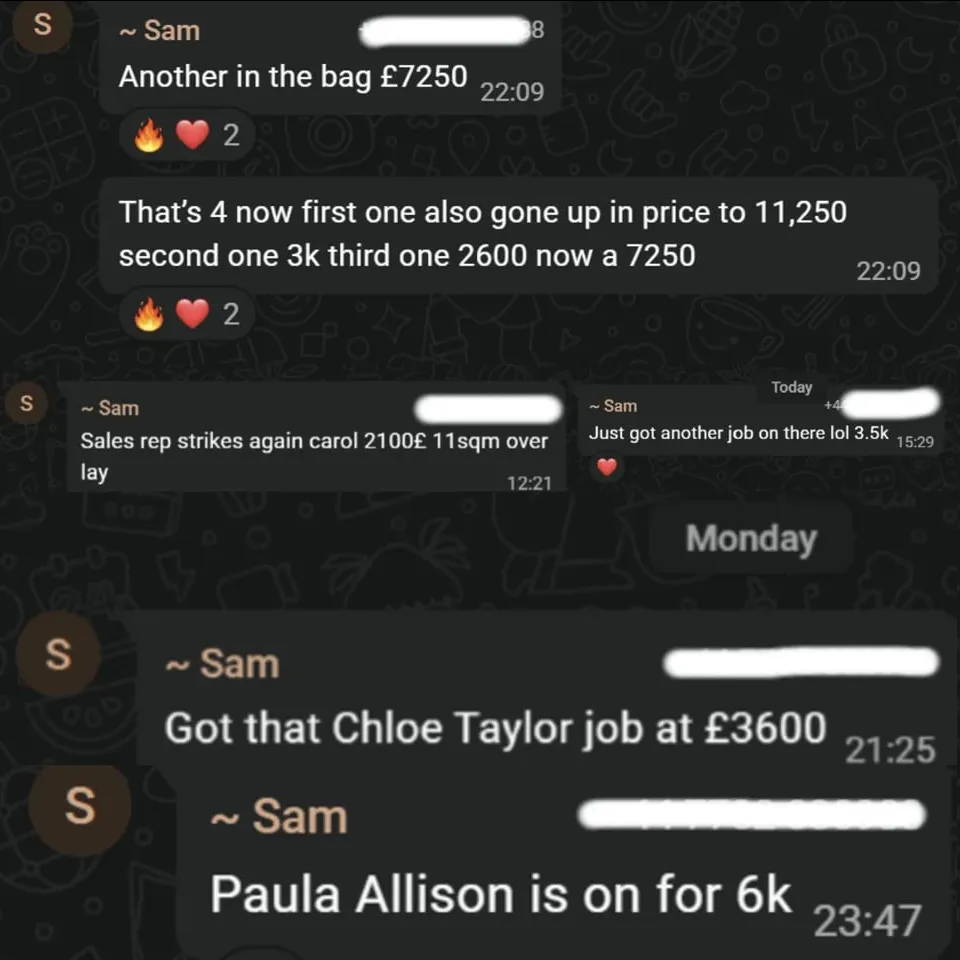 WhatsApp messages from Sam reporting a run of secured jobs from £2,100 up to £11,250